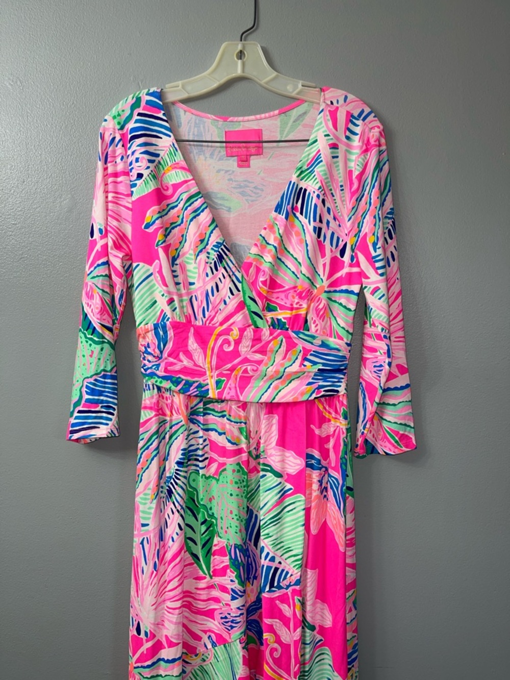 Lilly Pulitzer Montague Wrap Maxi Dress in the "Raz Berry Sunset Soiree" print. - Picture 4 of 9